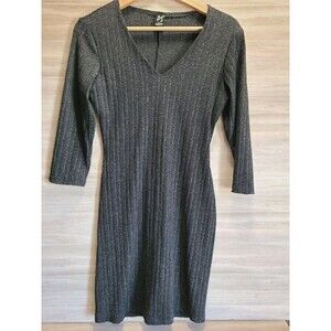 PerSeption Grey Sweater Dress XS – Ribbed Knit V-Neck 3/4 Sleeve Mini